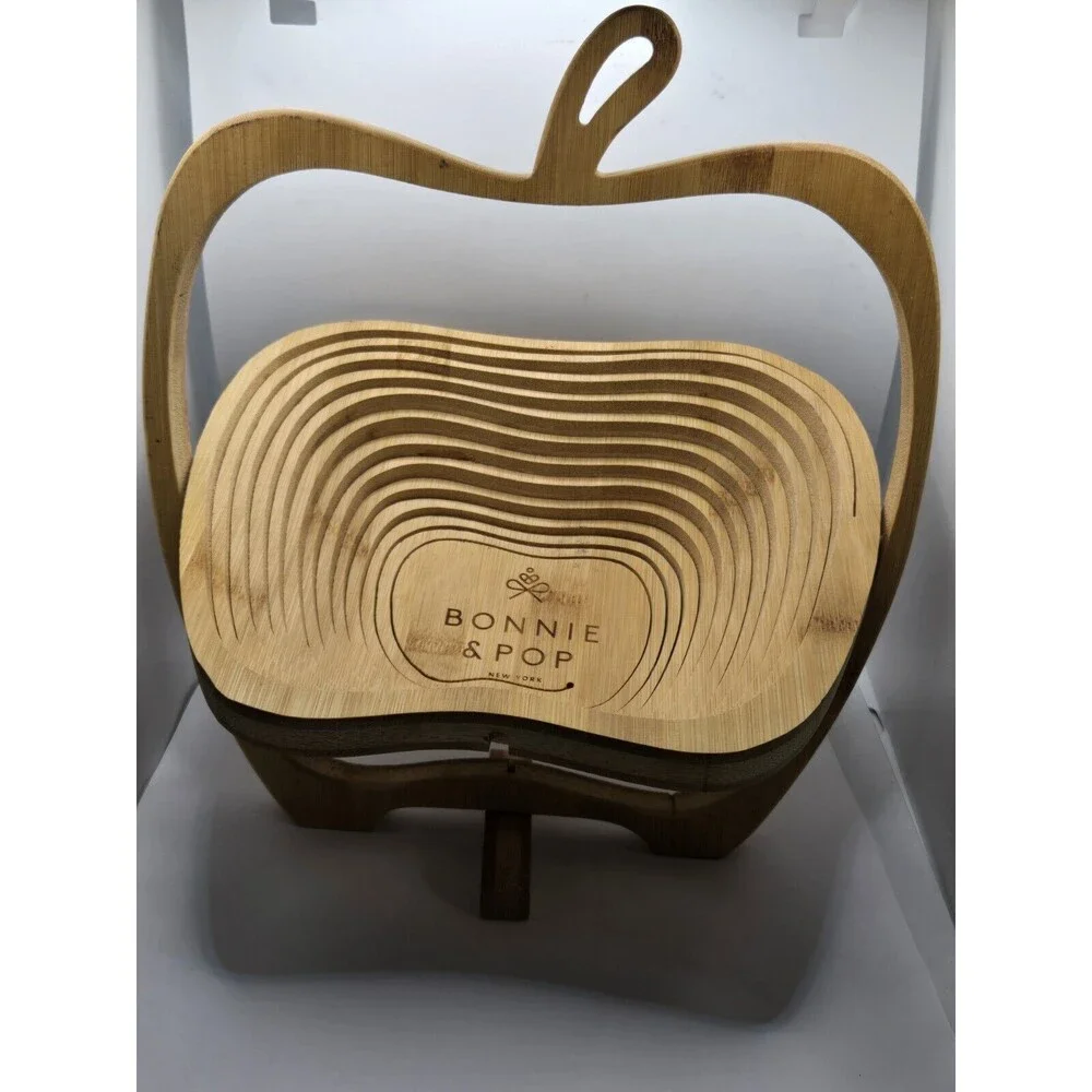 Apple Shaped Folding Collapsible Wooden Basket Fruit Bowl Trivet Decor